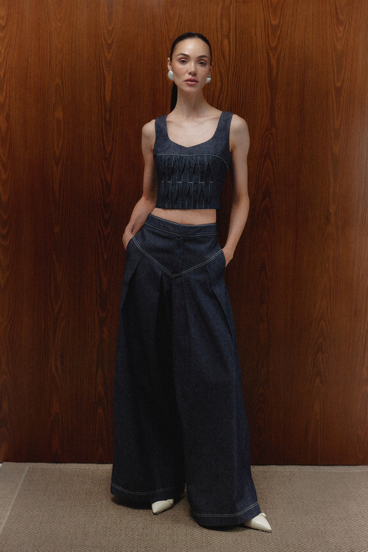 The Echo Pants in dark denim with the Malena Denim Top — Sanna, The Gentlewoman campaign