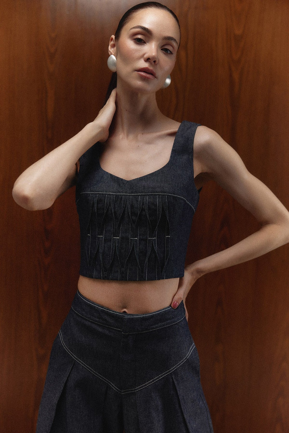 The Malena Denim Top, pleating and topstitching detail — Sanna, The Gentlewoman campaign