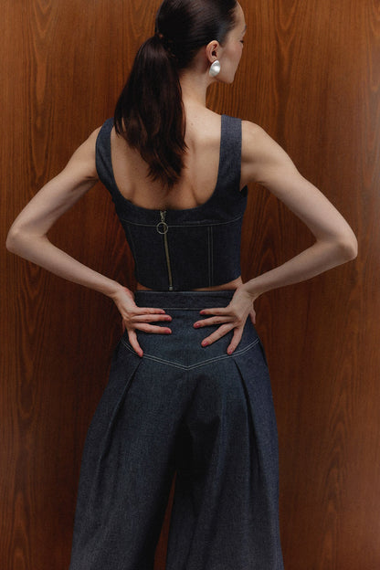 The Echo Pants in dark denim, back view — Sanna, The Gentlewoman campaign