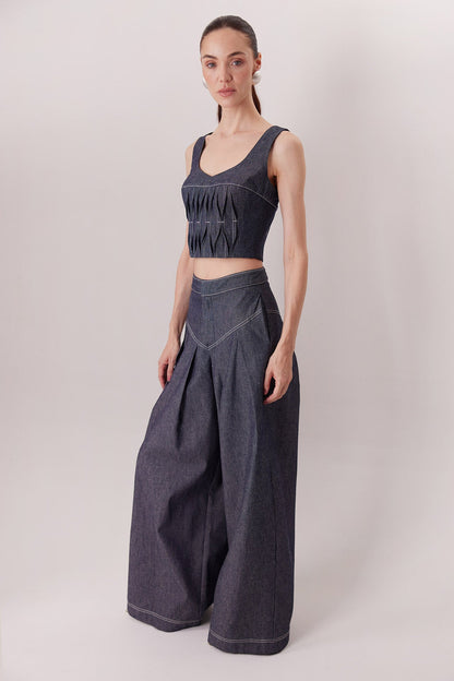 The Echo Pants in dark denim with the Malena Denim Top — Sanna, The Gentlewoman collection