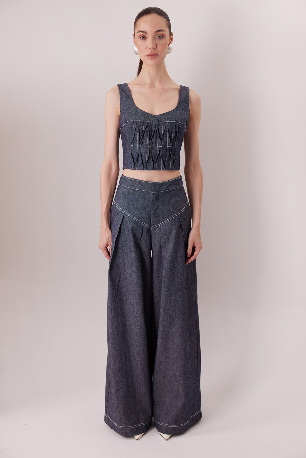The Echo Pants in dark denim with the Malena Denim Top — Sanna, The Gentlewoman collection