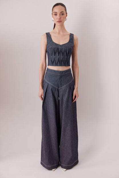 The Echo Pants in dark denim with the Malena Denim Top — Sanna, The Gentlewoman collection
