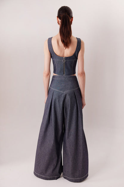 The Echo Pants in dark denim, back view — Sanna, The Gentlewoman collection