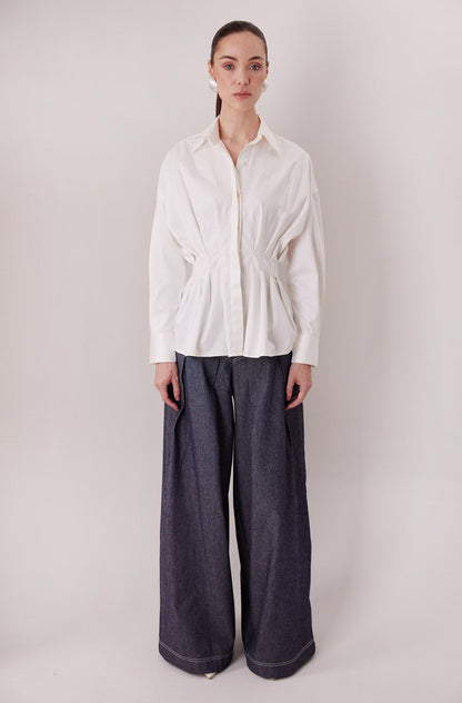 The Echo Pants in dark denim with the Maxine Shirt — Sanna, The Gentlewoman collection