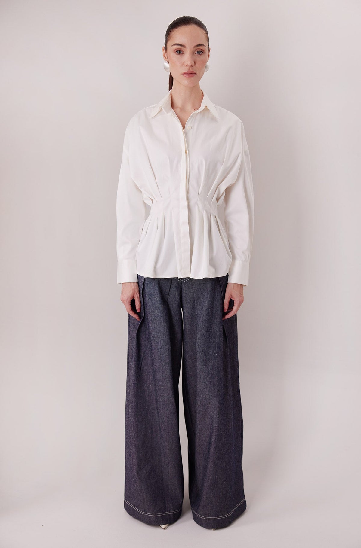 The Maxine Shirt in ivory with the Echo Pants — Sanna, The Gentlewoman collection