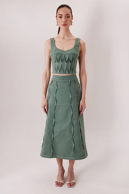 The Izza Midi Skirt in matcha green with the Malena Matcha Top — Sanna, The Gentlewoman collection