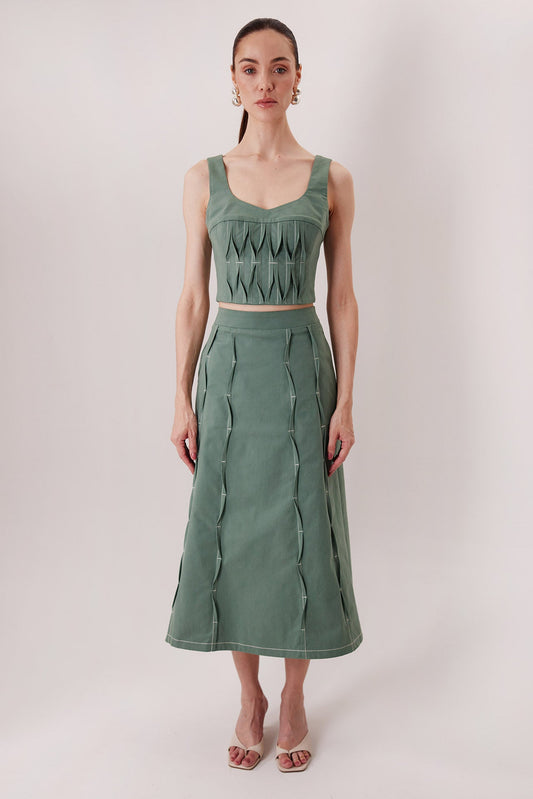 The Izza Midi Skirt in matcha green with the Malena Matcha Top — Sanna, The Gentlewoman collection