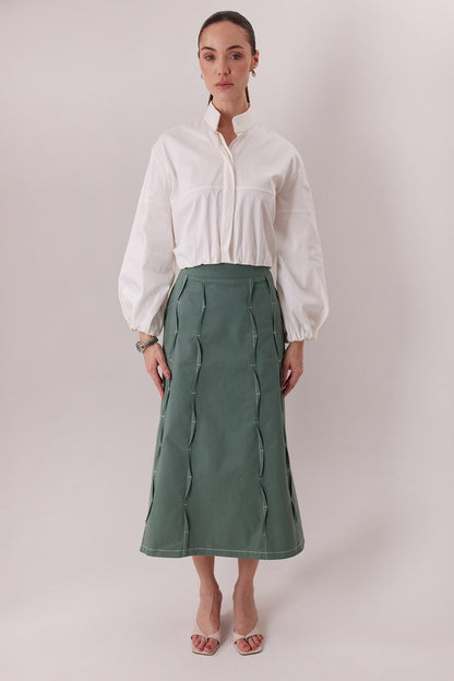 The Harlan Shirt in ivory with the Izza Midi Skirt — Sanna, The Gentlewoman collection