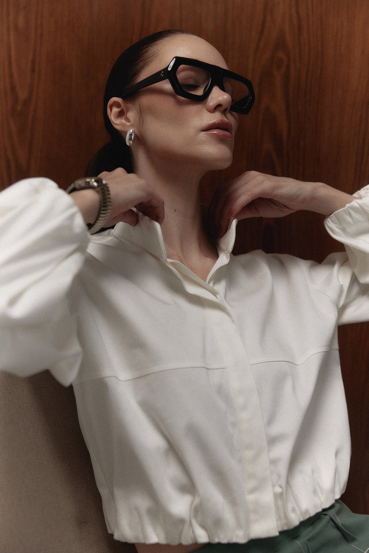 The Harlan Shirt, stand collar and puffed sleeves — Sanna, The Gentlewoman campaign