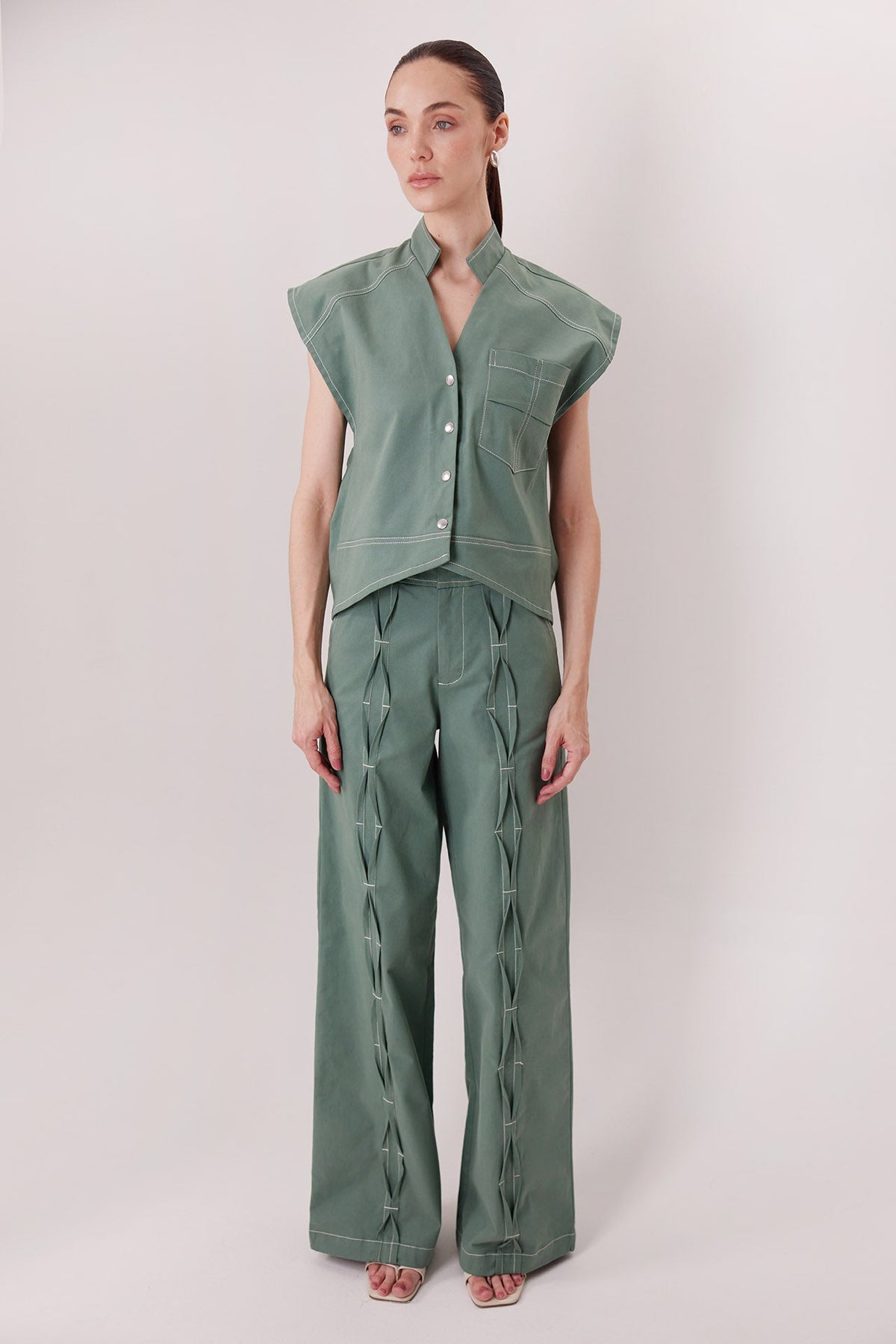 The Bardi Pants in matcha green with the Bardi Vest — Sanna, The Gentlewoman collection