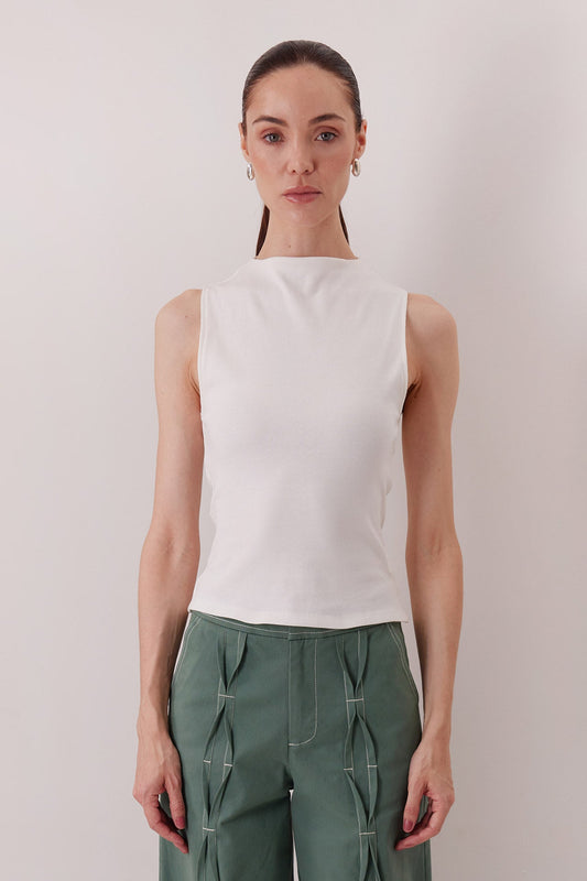 The Consani Top in ivory, high neck front view — Sanna, The Gentlewoman collection