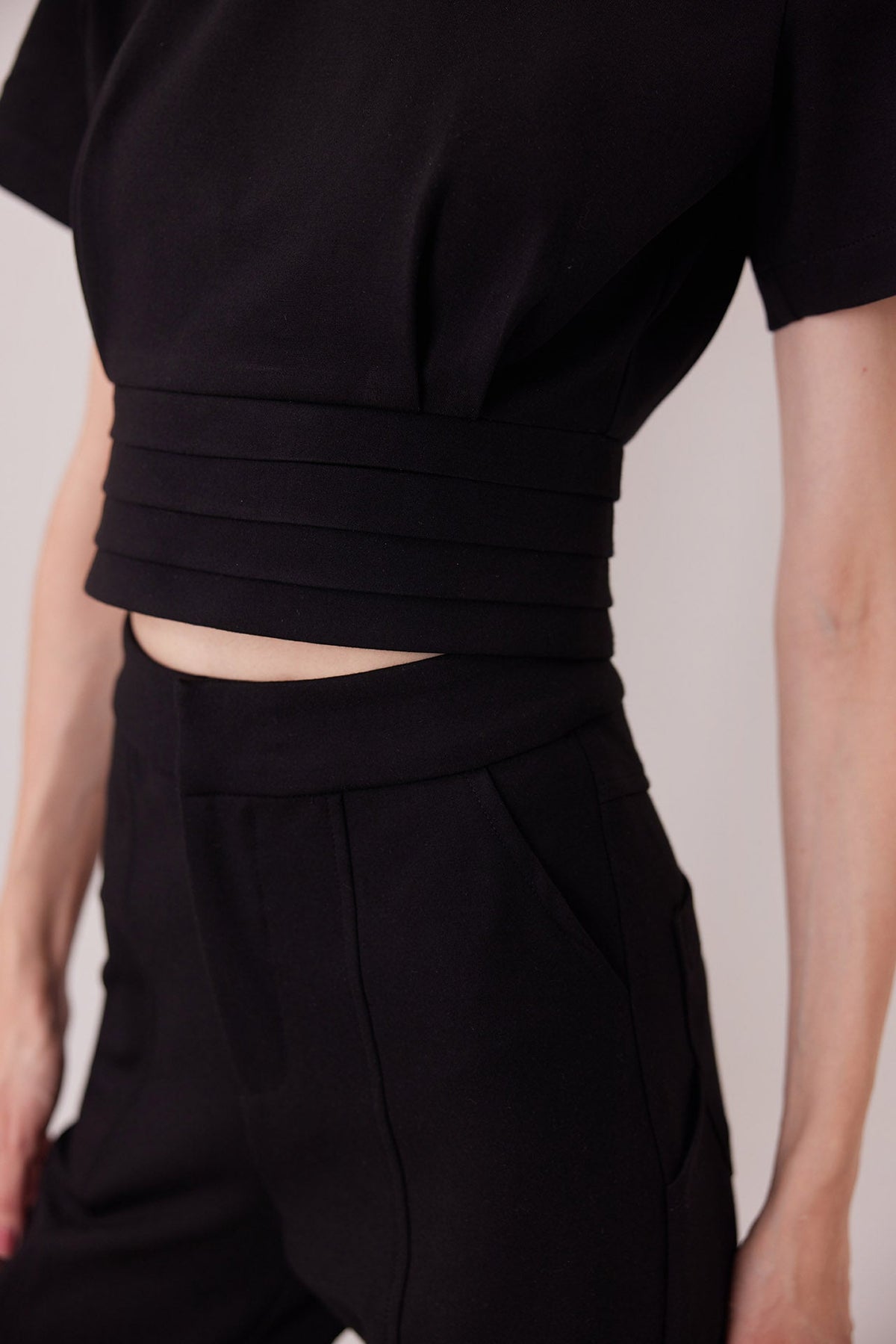 The Polly Top in black, tuxedo waistband detail — Sanna, The Gentlewoman collection