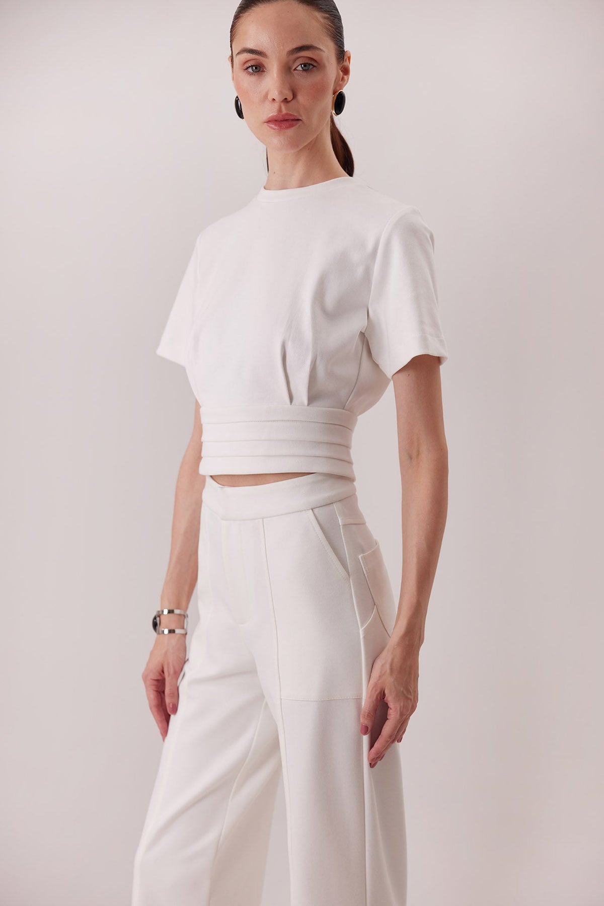 The Polly Top in ivory, tuxedo waistband detail — Sanna, The Gentlewoman collection