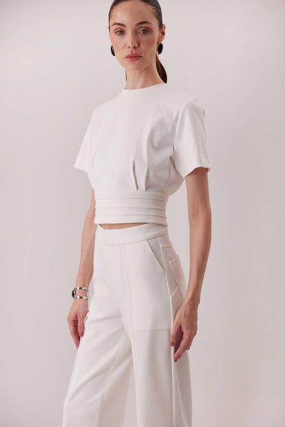 The Polly Top in ivory, tuxedo waistband detail — Sanna, The Gentlewoman collection