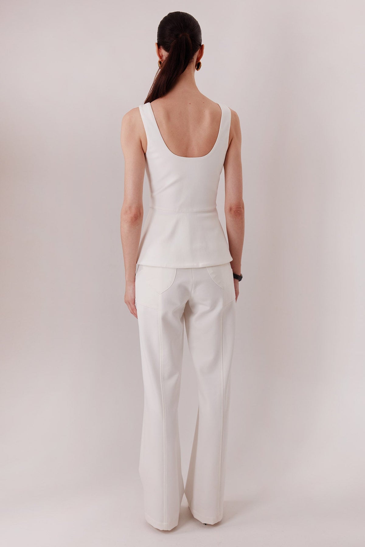 The Elton Pants in ivory, back view with the Esme Top — Sanna, The Gentlewoman collection