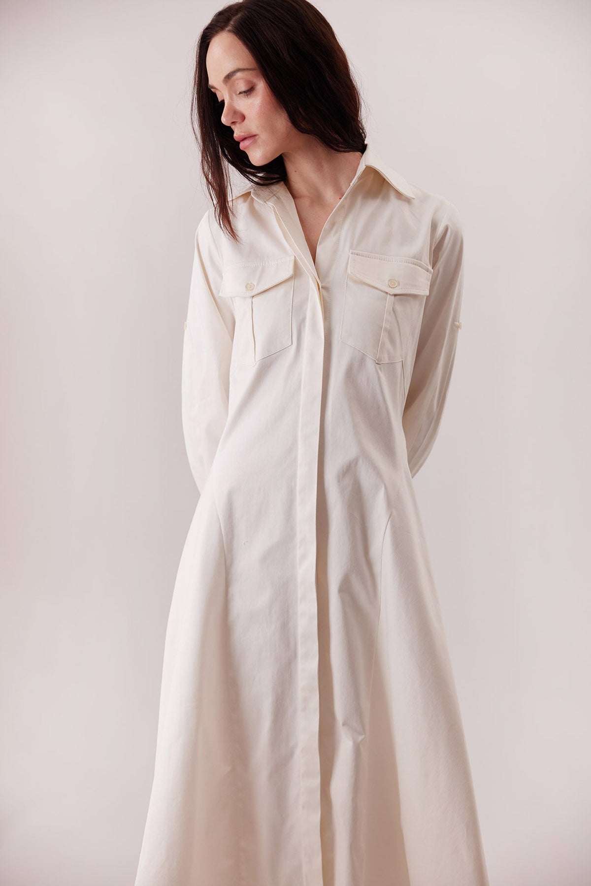 The Allen Shirt Dress, pleated front pocket detail — Sanna, The Gentlewoman collection