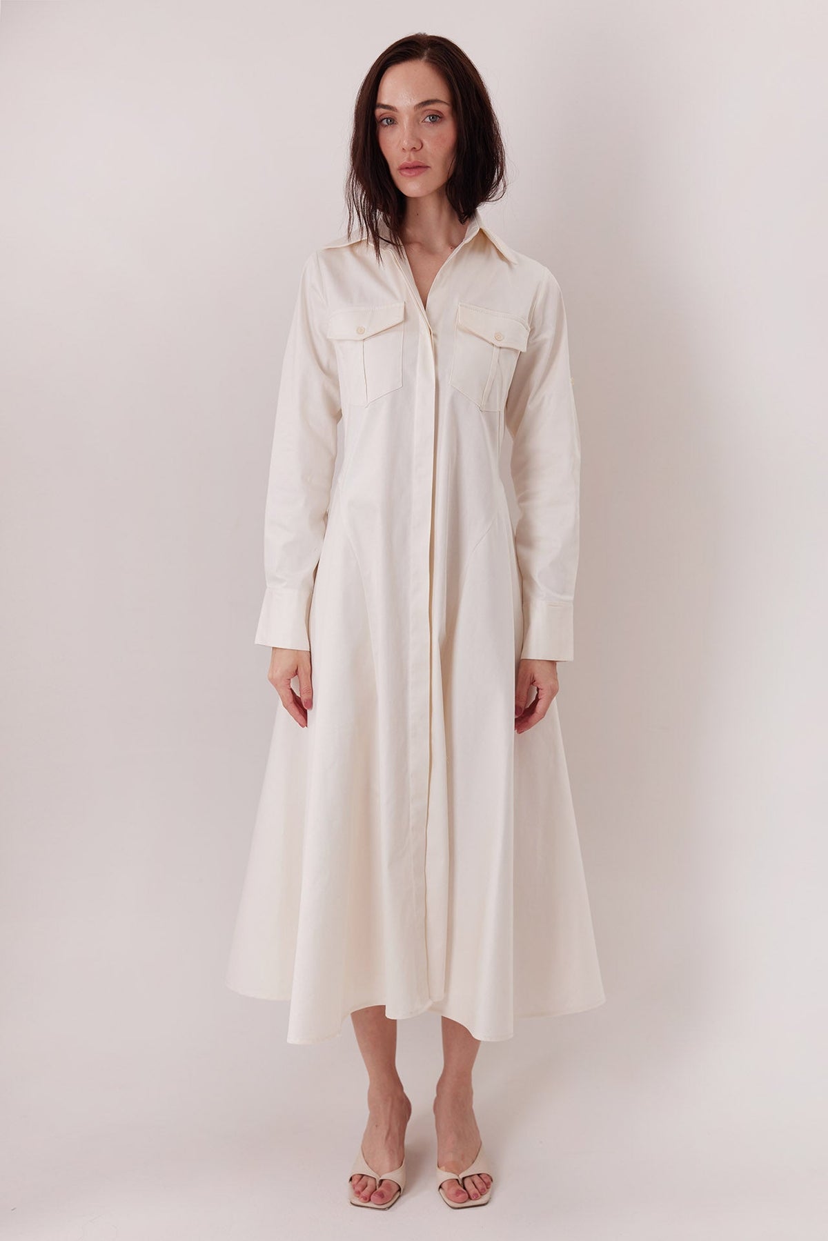 The Allen Shirt Dress in ivory, full length — Sanna, The Gentlewoman collection