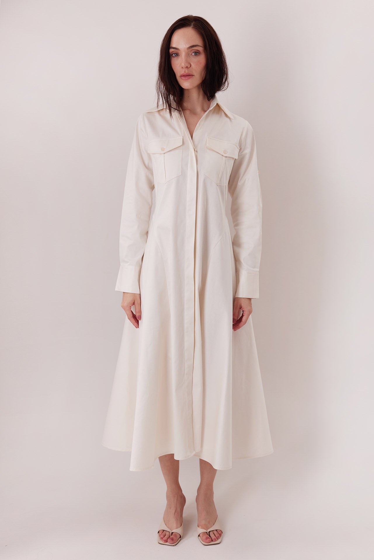 The Allen Shirt Dress in ivory, full length — Sanna, The Gentlewoman collection