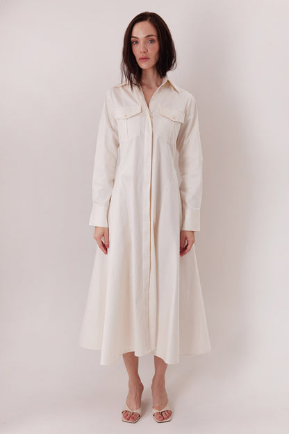 The Allen Shirt Dress in ivory, full length — Sanna, The Gentlewoman collection