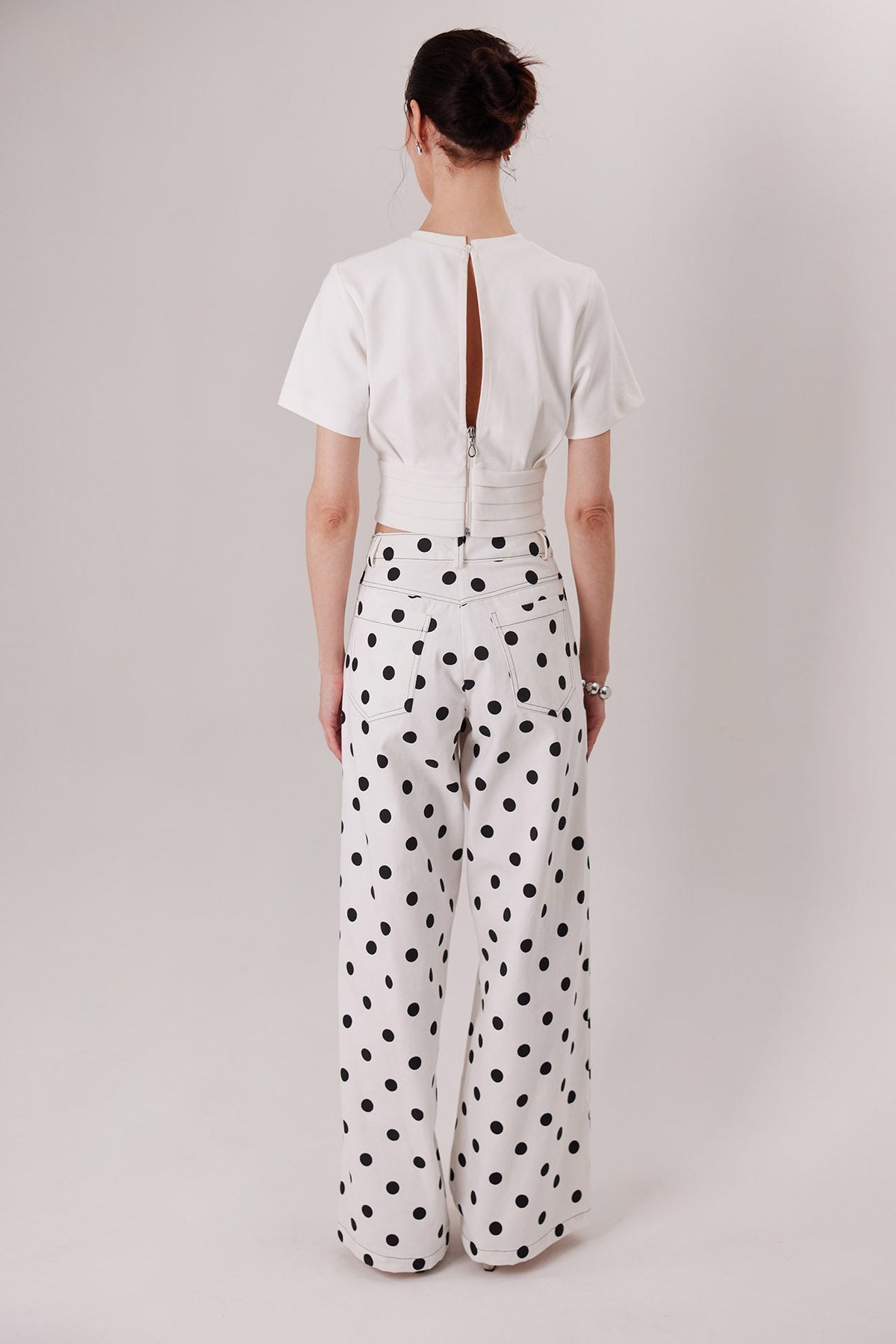 The Polly Top in ivory, back view with the Montenegro Pants — Sanna, The Gentlewoman collection