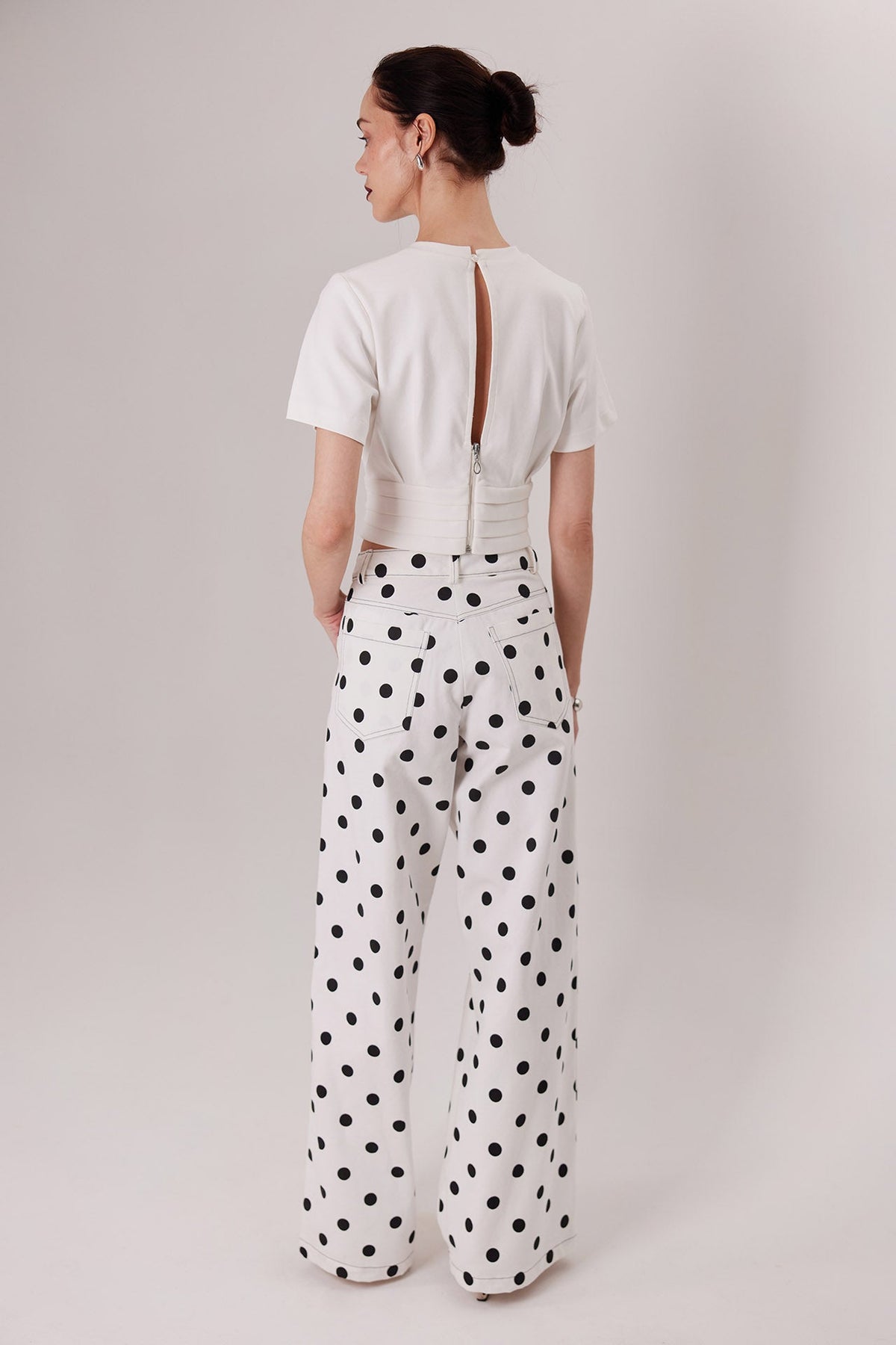 The Montenegro Pants in polka dots, back view — Sanna, The Gentlewoman collection